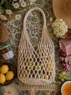 4/$15 Tomato Girl Market Bag Woven Macramé Tote Bag in Cream